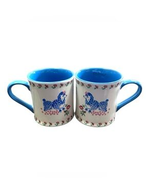 Set of 2 Cath Kidston London Poodle Mugs White Blue Pink Floral Springtime NWT